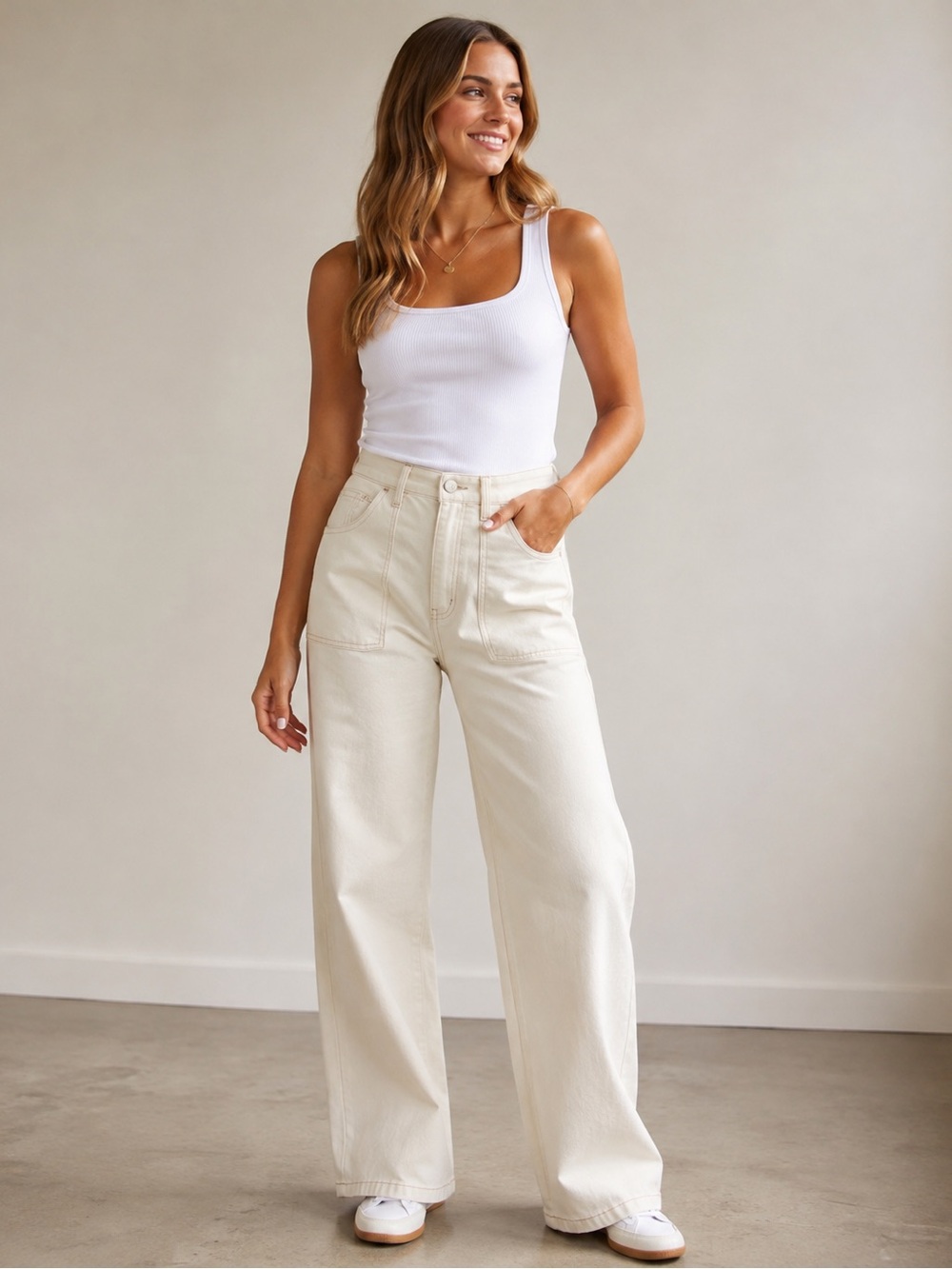 Time and Tru High-Rise Wide Leg Jeans in Cream